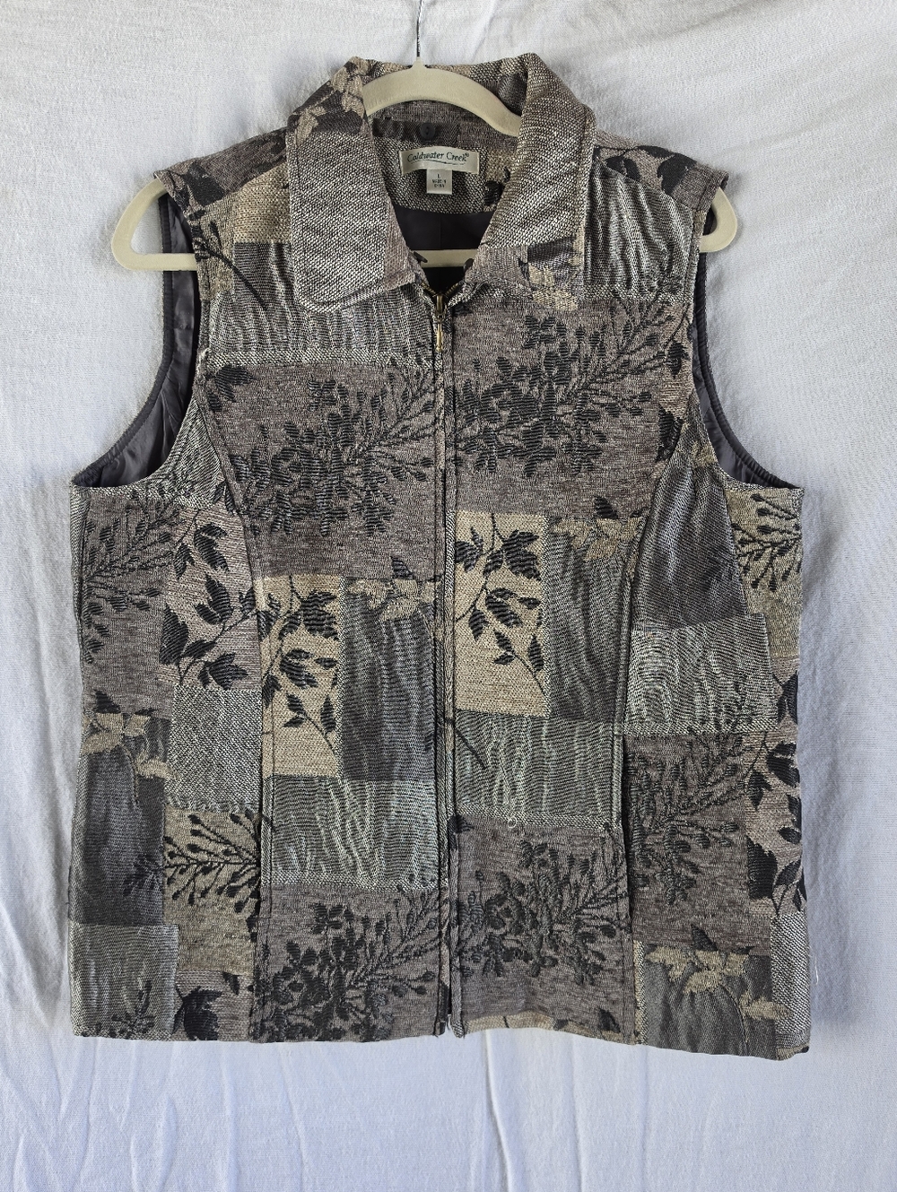 Vintage Coldwater Creek Womens L Patchwork Floral Zip Vest Boho Layering